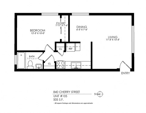 Floor plan for 1 bed, 1 bath, 440 sqft